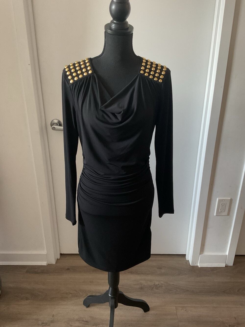 Michael Michael Kors Studded Shoulder Black Cowl Neck Ruched Dress
